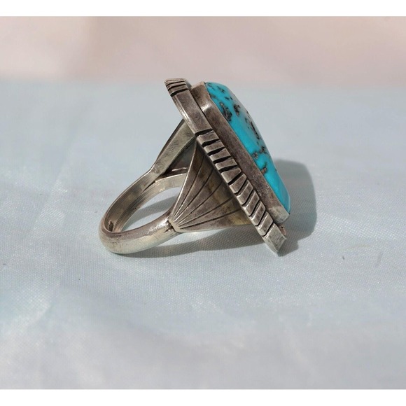Native American Indian Sterling Silver Large Turquoise Ring - Size 11 - Picture 2 of 5
